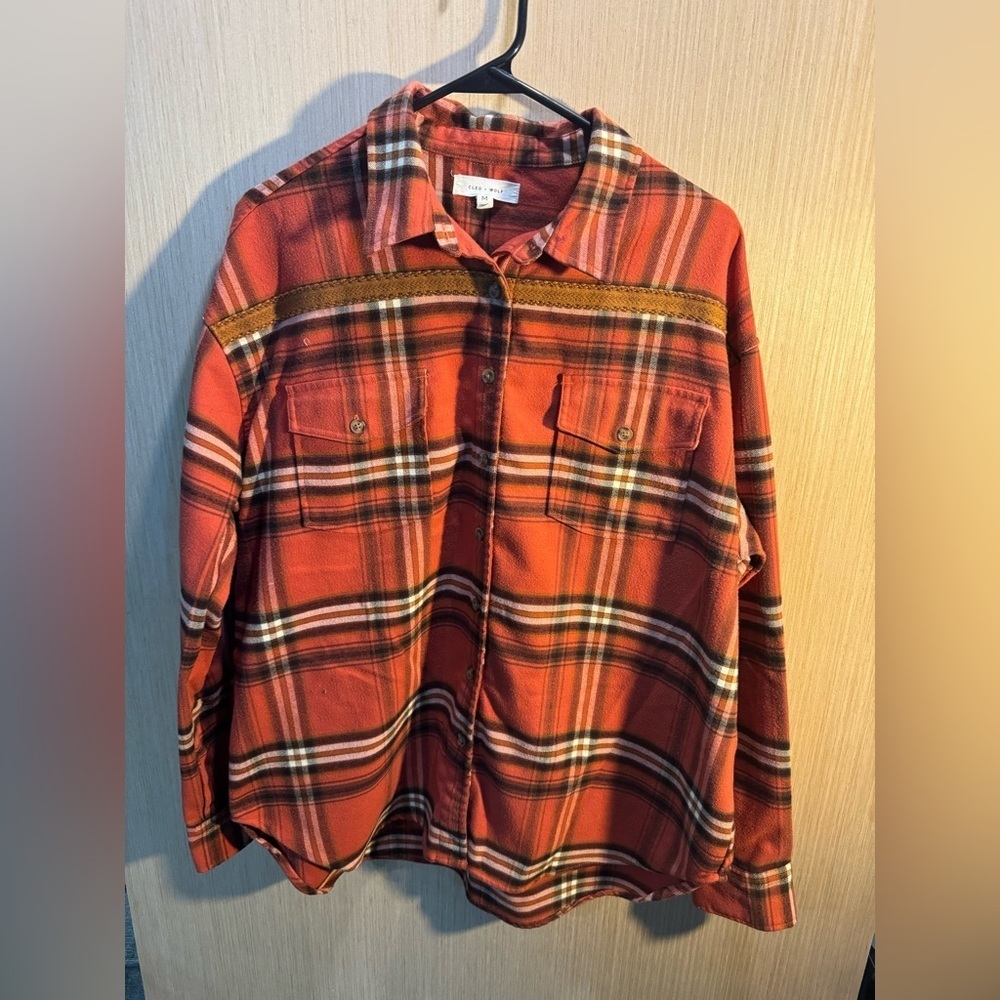 Women’s Cleo + Wolf Orange Cozy Spring Plaid‎ Button-Up Shirt Size Medium